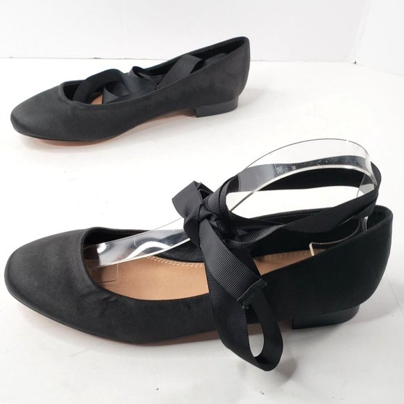 Asos Ribbon Ballerina Flats Sz 5 Black Satin Wrap Around Ankle Tie Ballet Shoes - Picture 2 of 11